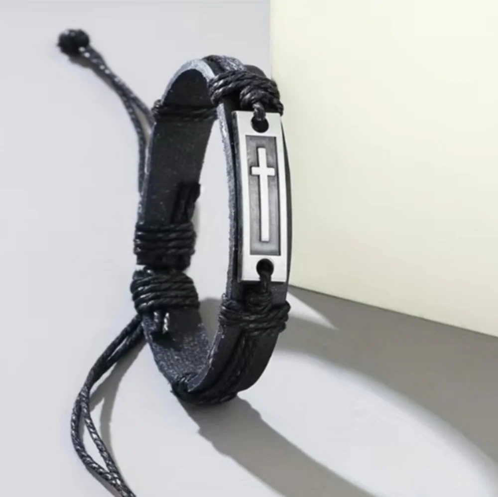 Men or‎ Womens Cross Leather Adjustable Jesus Draw String Religious Bracelet